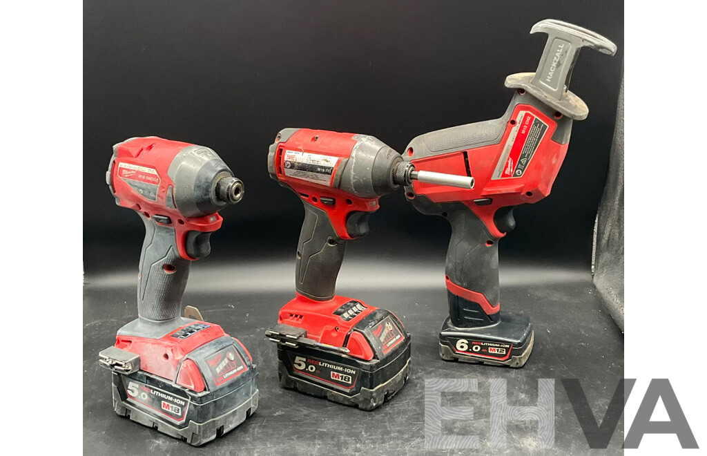 MILWAUKEE Impact Drivers (x2) & Reciprocating Saw Hackzall W/ Batteries