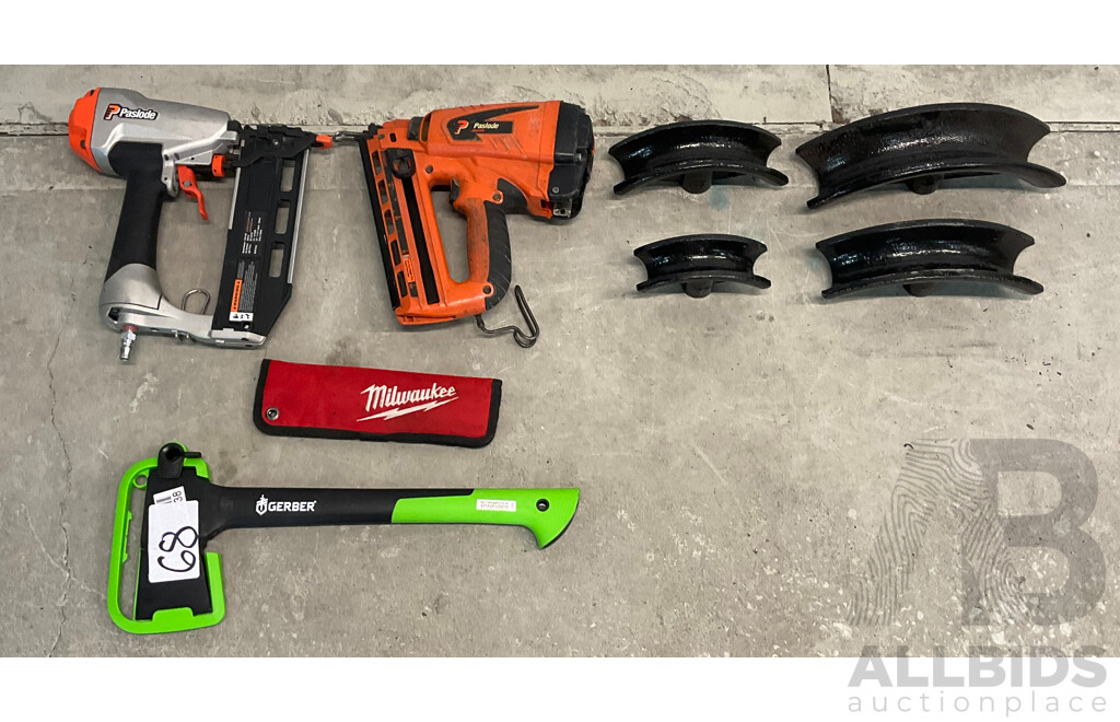 Paslode Pneumatic Nailers (x2), Gerber Axe, Drill Pieces & Pipe Benders (x4)