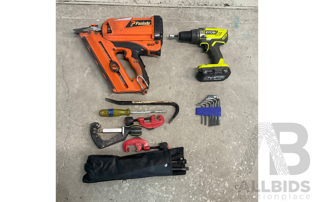 Paslode Nailer, Ryobi Drill and Assorted Hardware Tools