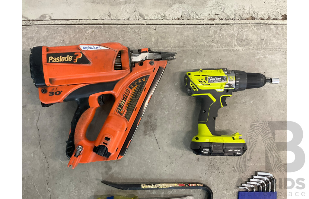 Paslode Nailer, Ryobi Drill and Assorted Hardware Tools