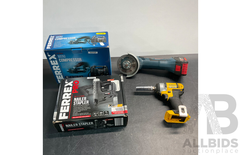 FERREX Mini Compressor & Nailer Stapler & DEWALT DCF880  Compact Impact Wrench  & BOSCH GWS 18 V-LI Cordless Angle Grinder with Battery