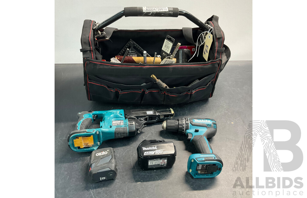 MAKITA DHP485 Brushless Hammer Driver Drill & DFR450X Mobile Autofeed Screwdriver & Assorted of Tools with Carry Bag