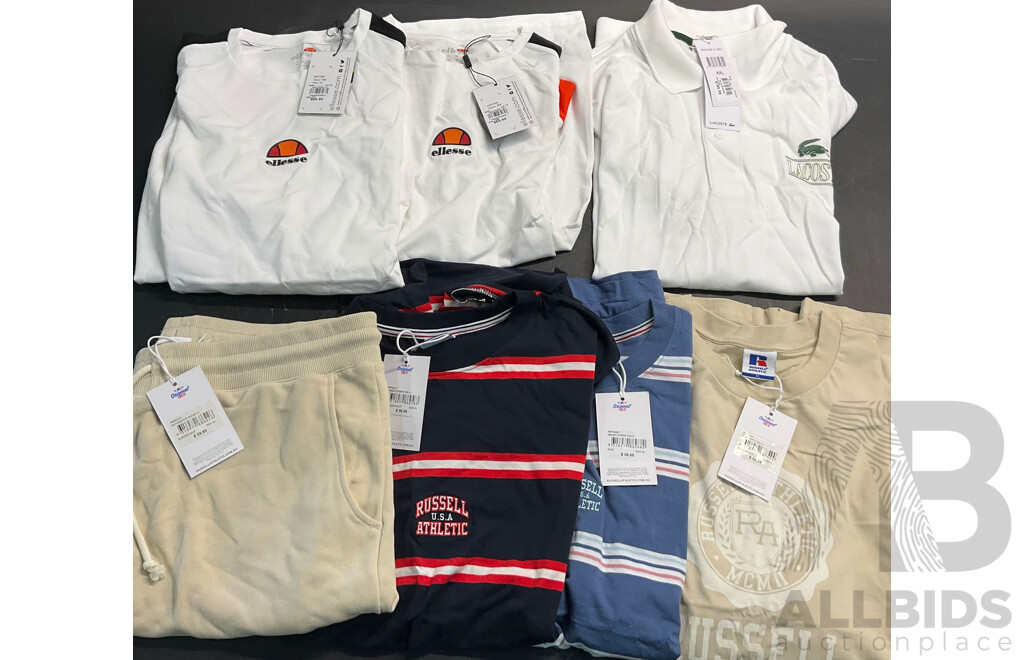 LACOSTE POLO Shirt & RUSSELL ATHLETIC, ELLESSE T-shirt /Shorts - Size M/XL/XXL - Lot of 7