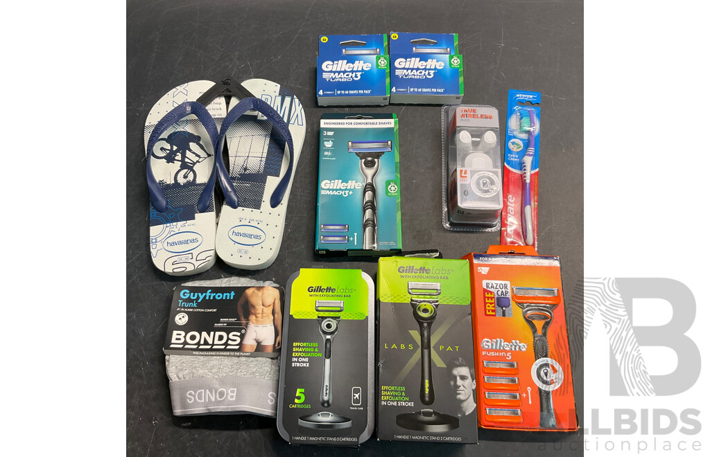 LIQUID EARS Wireless Buds & HAVAIANAS Thongs & BONDS Trunk & Colgate Toothbursh & Assorted of GILLETTE Razor and Blades Refill - Lot of 10