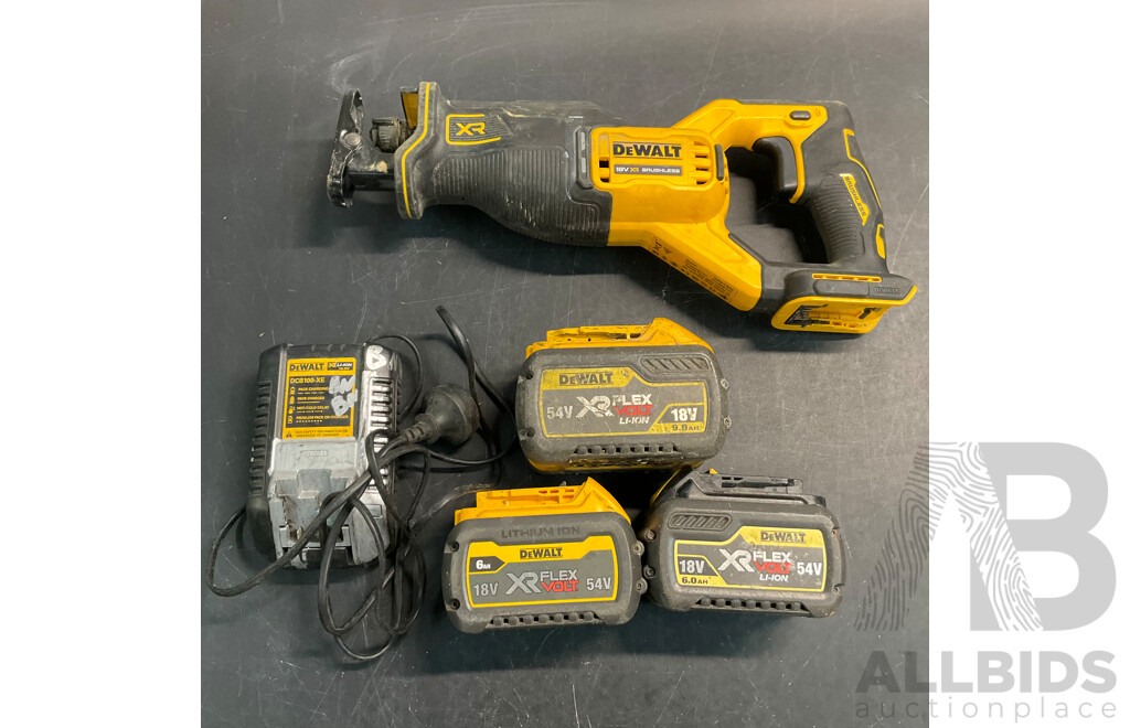 DEWALT DCS382 Cordless Brushless Reciprocating Saw with 3 Batteries & DCB100-XE Battery Charger