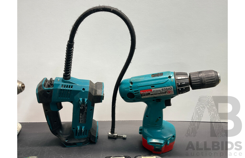 Makita Drills (x4), Inflator, 18V Batteries (x4) & Chargers (x2)