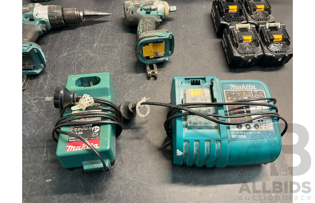 Makita Drills (x4), Inflator, 18V Batteries (x4) & Chargers (x2)