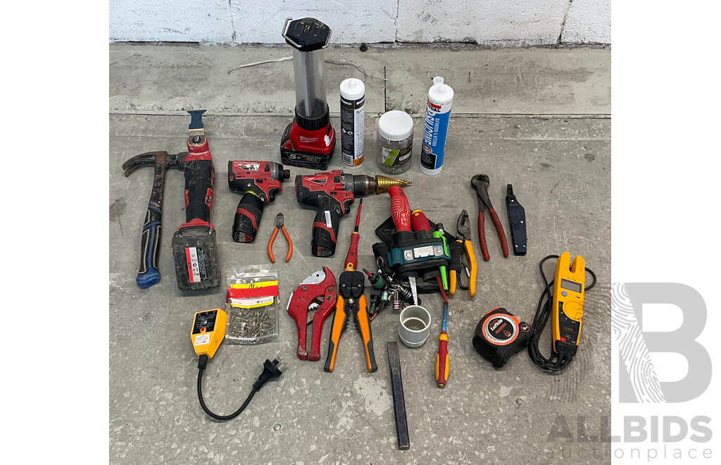 3x MILWAUKEE Tools & Light, FLUKE Ekectrical Tester, Pliers, Screwdrivers,