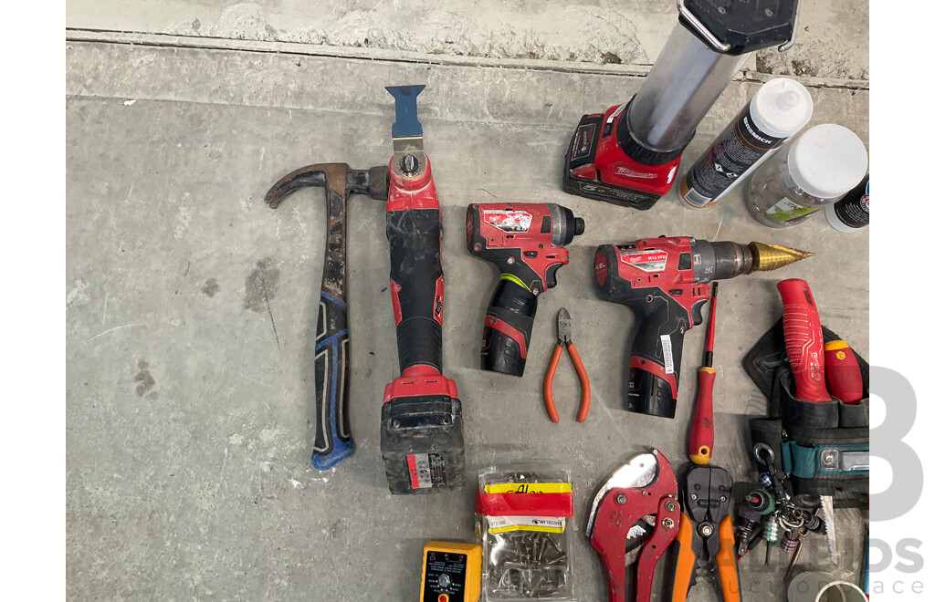 3x MILWAUKEE Tools & Light, FLUKE Ekectrical Tester, Pliers, Screwdrivers,