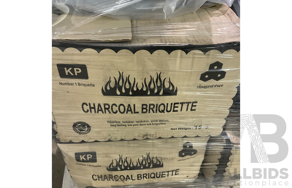 20 Boxes of KP Charcoal Briquette 15KG with 3 Bags Charcoal Briquette on Top