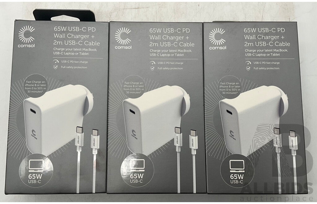 COMSOL 65W USB-C PD Wall Charger + 2m USB-C Cable - ORP $149.99