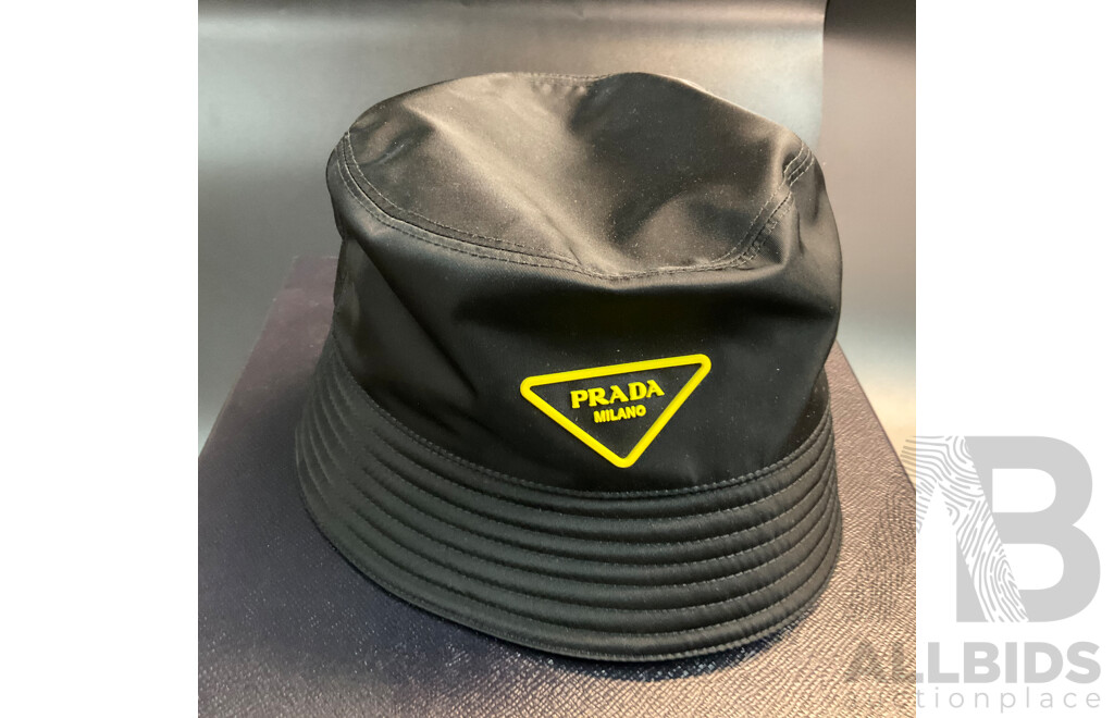 Black Bucket Hat with Box Branded Prada