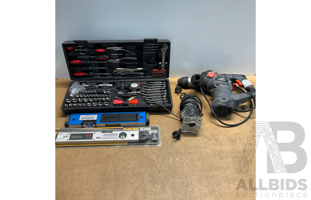 OZITO,MAKITA Wired Tools &TUREBLUE,WorkZone Digital Angle Level & ANKO Tool Box Set - Lot of 5