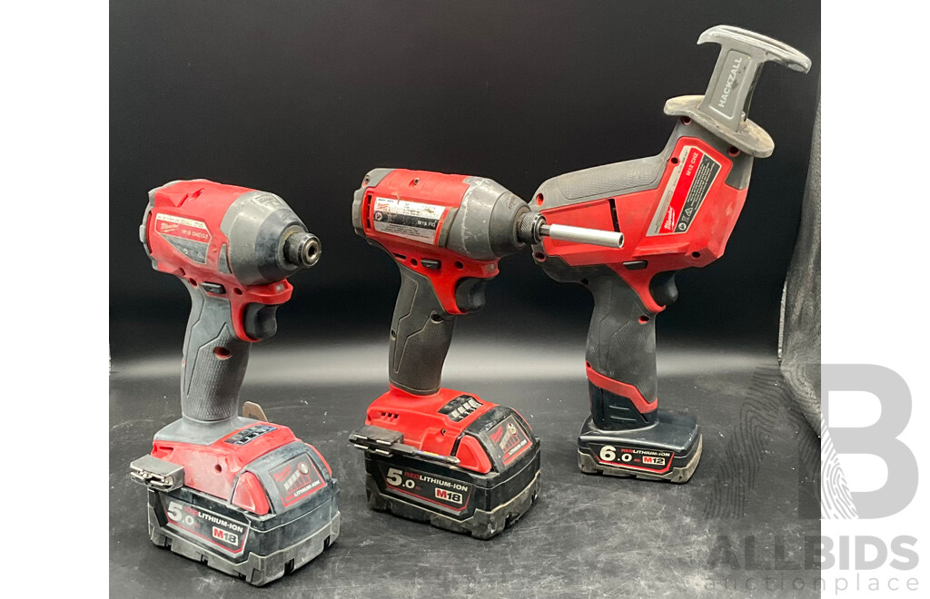 MILWAUKEE Impact Drivers (x2) & Reciprocating Saw Hackzall W/ Batteries