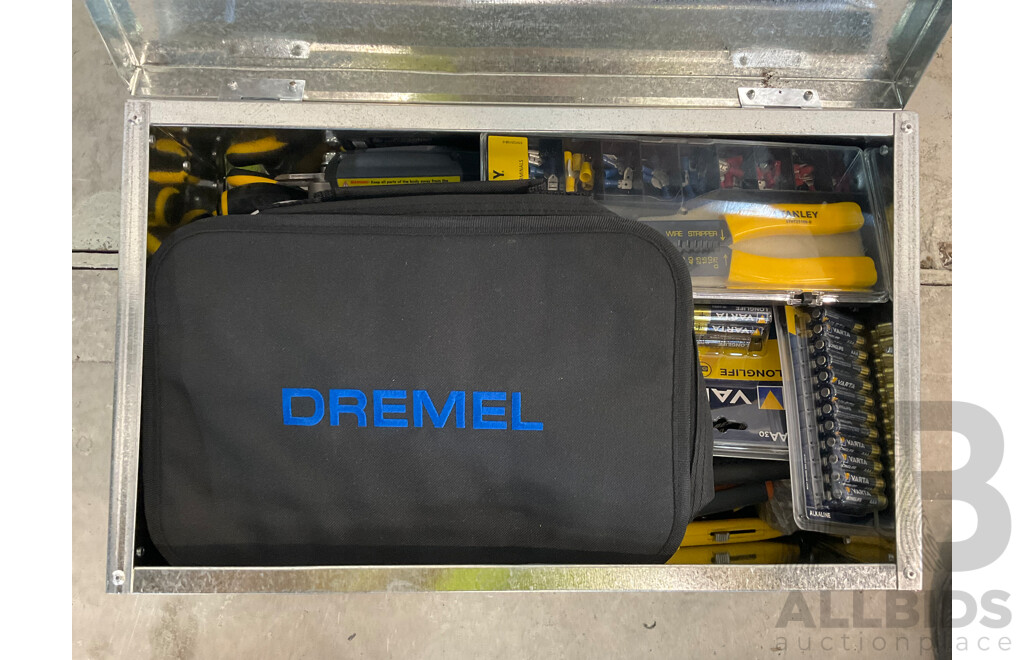 Rhino Toolbox Containing Dremel 12V Cordless Rotary Tool, Power Cable, Kit Screwdrivers, Measuring Tape, Alan Keys, Hammers, Pliers and Assorted Hardware Equipment