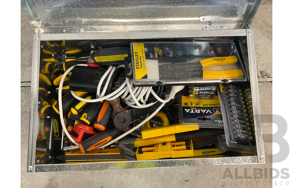 Rhino Toolbox Containing Dremel 12V Cordless Rotary Tool, Power Cable, Kit Screwdrivers, Measuring Tape, Alan Keys, Hammers, Pliers and Assorted Hardware Equipment