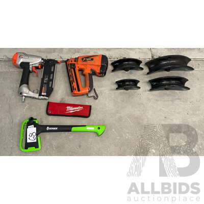 Paslode Pneumatic Nailers (x2), Gerber Axe, Drill Pieces & Pipe Benders (x4)