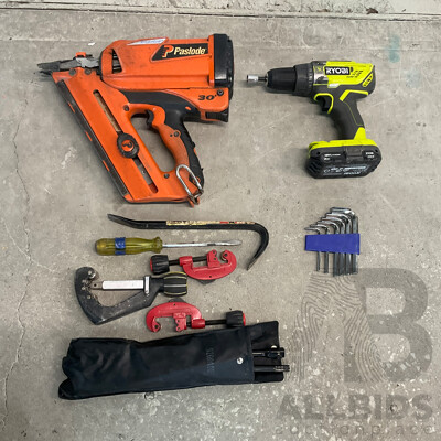 Paslode Nailer, Ryobi Drill and Assorted Hardware Tools