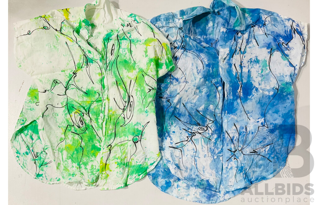 2 X Vintage Sleeve Cotton Shirts Nicolai Michoutouchkine, Russia/Vanuatu 1929-2010, Hand Painted C.1980s Ink/Dye on Fabric