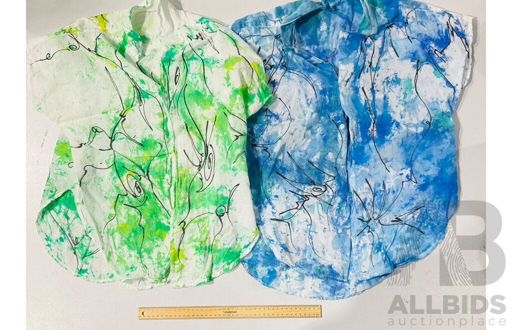 2 X Vintage Sleeve Cotton Shirts Nicolai Michoutouchkine, Russia/Vanuatu 1929-2010, Hand Painted C.1980s Ink/Dye on Fabric