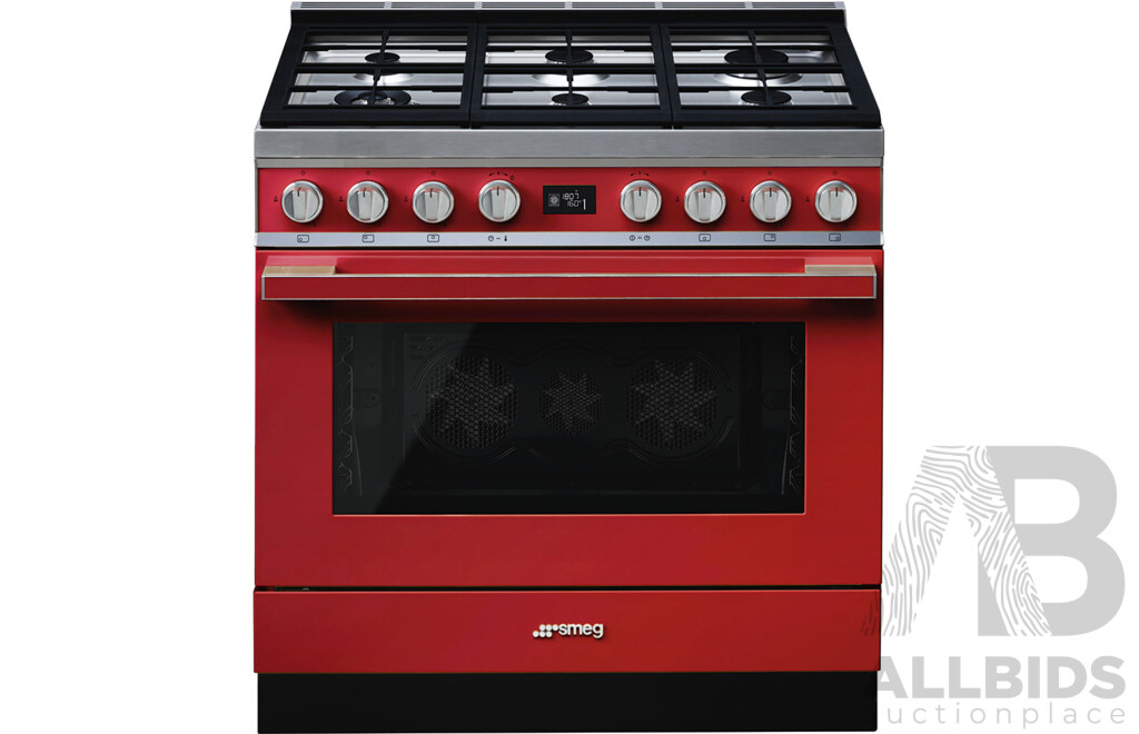 L1 - Smeg Portofino 900mm Upright Oven & Canopy Rangehood (RED)