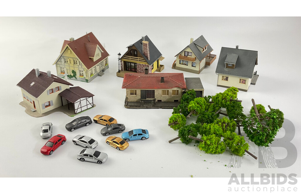 Vintage Kibri, Faller and Auhagen HO Scale Scenery Items Including Buildings, Trees and Cars