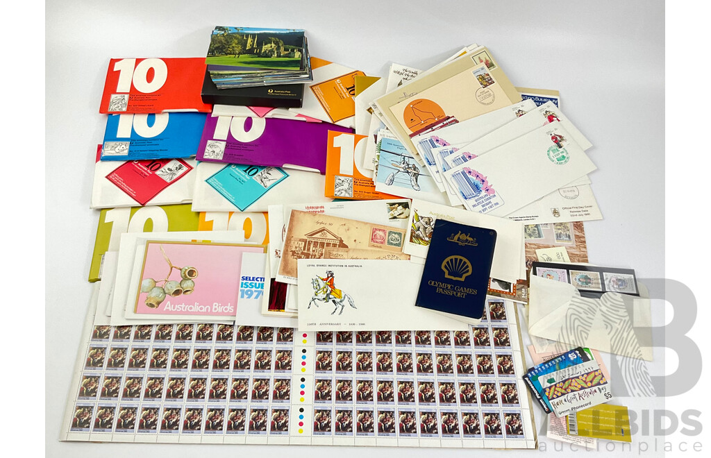 Collection of Australian Mint Stamps, Packs and First Day Covers Including Christmas 1980 Sheets, Prepaid Envelopes, Stamp Books, Olympic Games Passport and More - Face Value Over $63