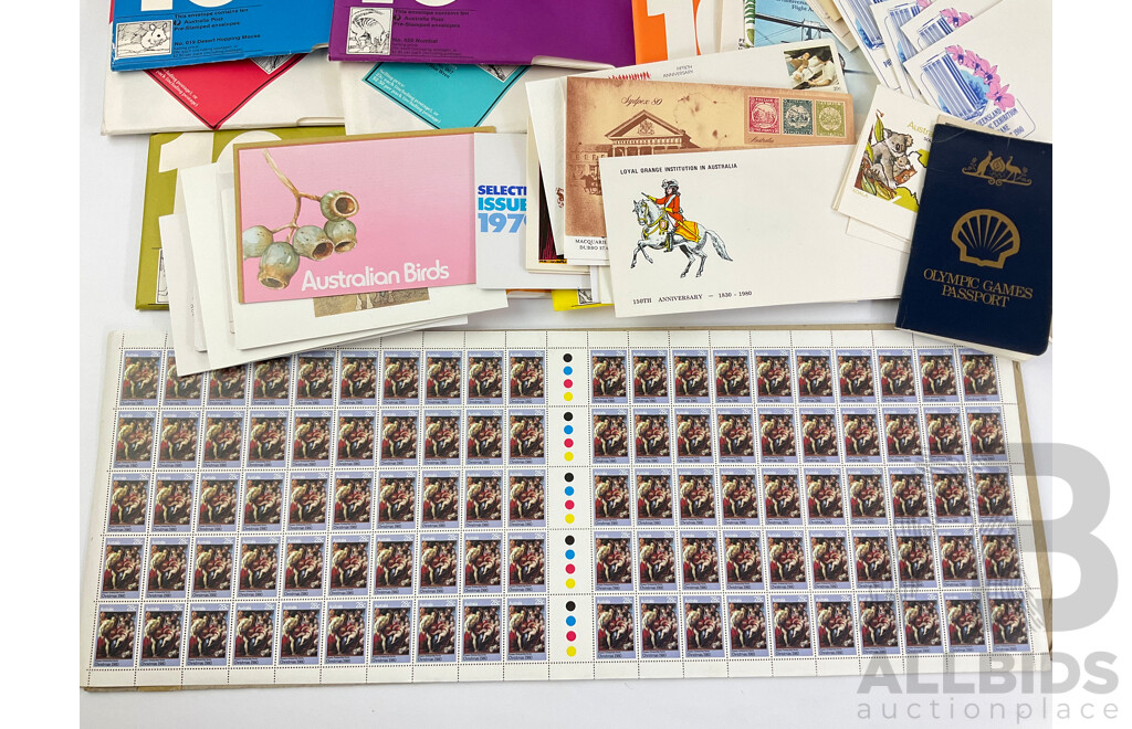 Collection of Australian Mint Stamps, Packs and First Day Covers Including Christmas 1980 Sheets, Prepaid Envelopes, Stamp Books, Olympic Games Passport and More - Face Value Over $63