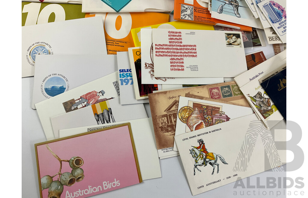 Collection of Australian Mint Stamps, Packs and First Day Covers Including Christmas 1980 Sheets, Prepaid Envelopes, Stamp Books, Olympic Games Passport and More - Face Value Over $63