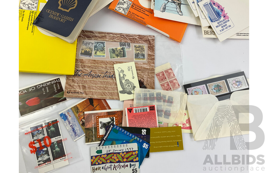 Collection of Australian Mint Stamps, Packs and First Day Covers Including Christmas 1980 Sheets, Prepaid Envelopes, Stamp Books, Olympic Games Passport and More - Face Value Over $63