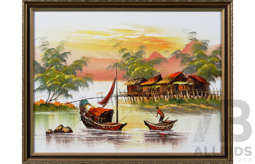 Artist Unknown, (Asian School), Village Scene - Fisherman On The Water, Acrylic on Board, 52 x 66 cm (frame)