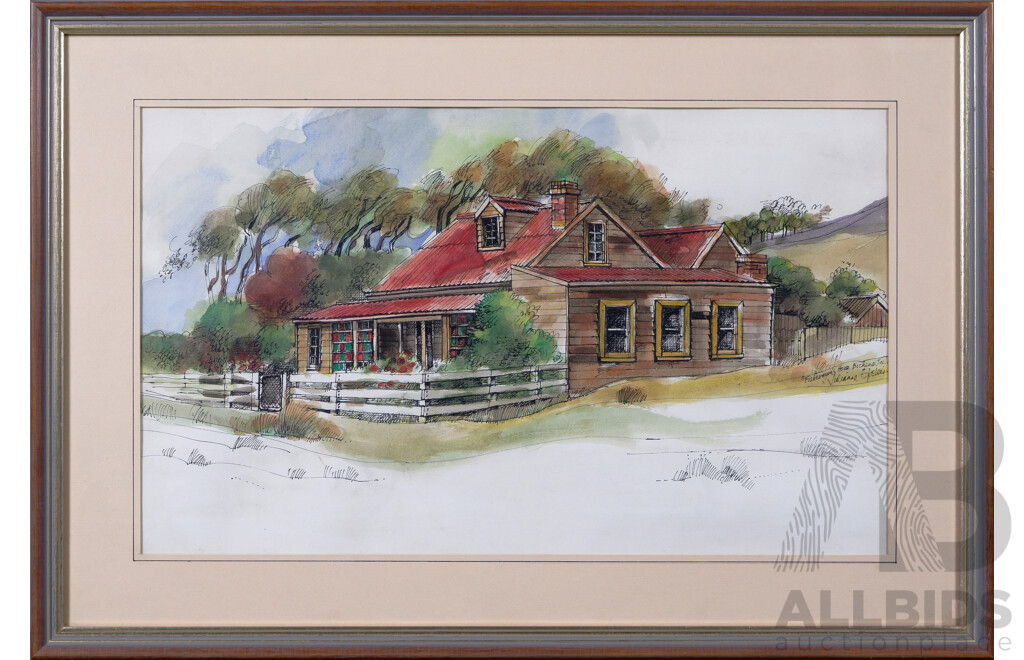 Julianne Epstein, (20th Century, Australian, Working Melbourne), Fisherman's Cottage, Bicheno, Tasmania, Watercolour (c1982), 42 x 60 cm (frame)