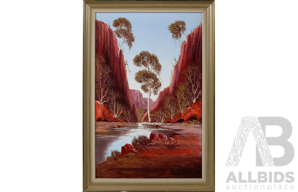 Henk Guth, (20th Century, Dutch-Australian, 1921-2003), Serpentine Gorge, 1981, Oil on Board, 83 x 57 cm (frame)