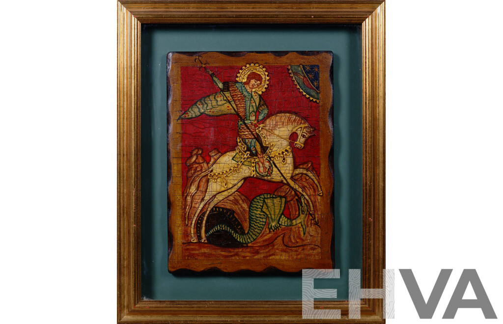 Icon of Saint George Slaying the Dragon (Original C12 and 13th Centuries), Framed Spanish Wood Panel Handpainted with Tempera, Polichrome Relief and Gold Leaf on Wood, 39 x 29  cm (frame)