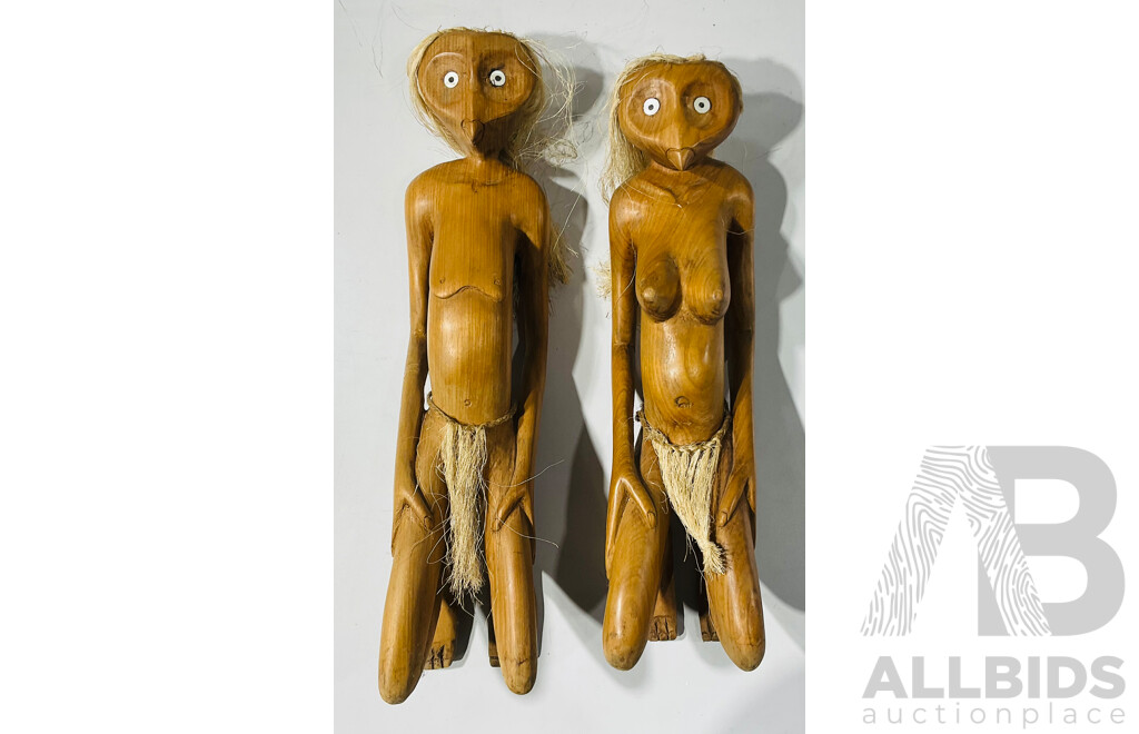 Pair Hand Carved Wooden Solomon Island Fertility Figures with Natural Fibre Hair