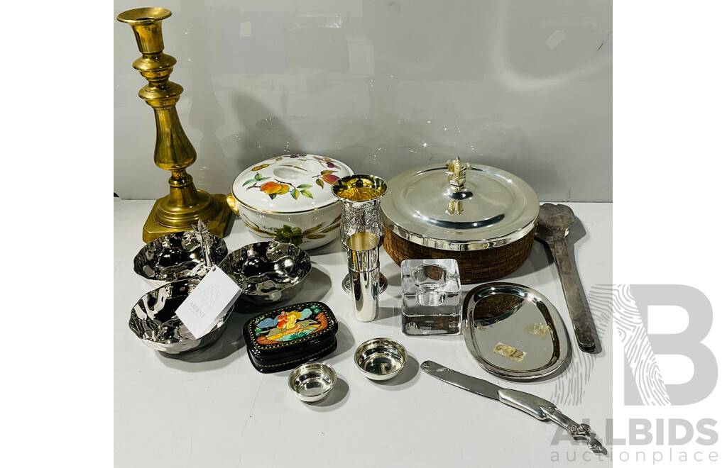 Collection Decorator Items Including Royal Doulton Lidded Casserole, Brass Candle Holder, Metal Wear and More