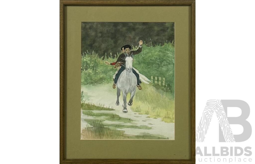 Artist Unknown, (20th Century, Fijian School), Boys on a Horse, Watercolour on Card, 28.5 X 22.5 cm