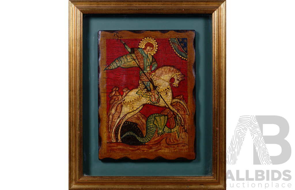 Icon of Saint George Slaying the Dragon (Original C12 and 13th Centuries), Framed Spanish Wood Panel Handpainted with Tempera, Polichrome Relief and Gold Leaf on Wood, 39 x 29  cm (frame)