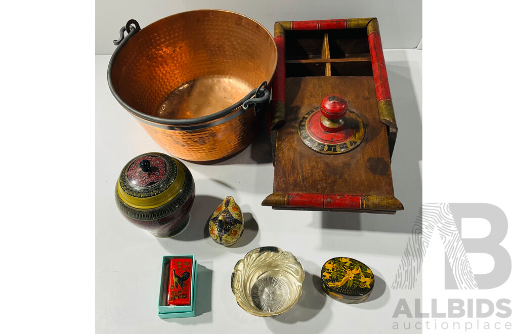 Collection Souvenirware and Others Including Copper Jam Pot, Russian Lacquer Box and More