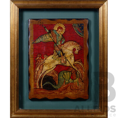 Icon of Saint George Slaying the Dragon (Original C12 and 13th Centuries), Framed Spanish Wood Panel Handpainted with Tempera, Polichrome Relief and Gold Leaf on Wood, 39 x 29  cm (frame)