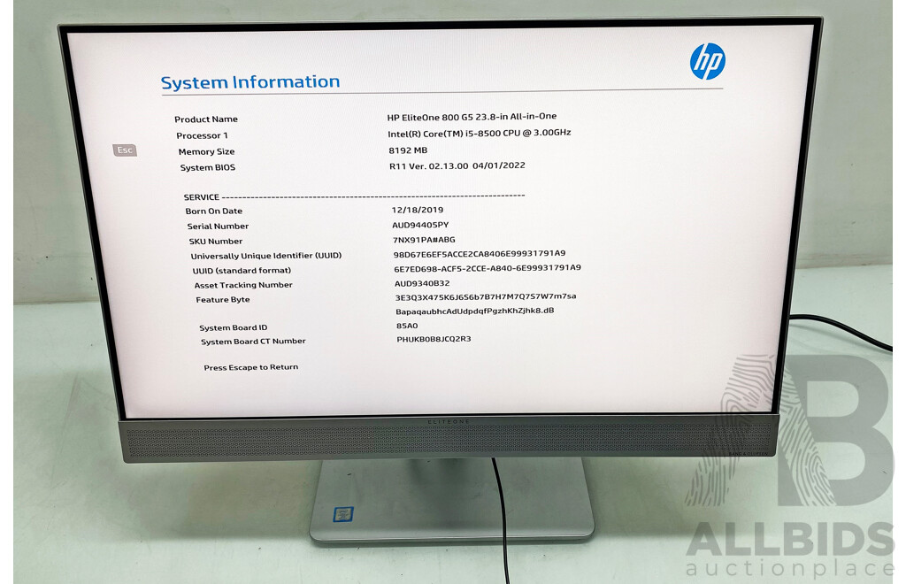 HP EliteOne 800 G4 Intel Core I5 (8500) 3.00GHz-4.10GHz 6-Core CPU 23-Inch All-in-One Desktop