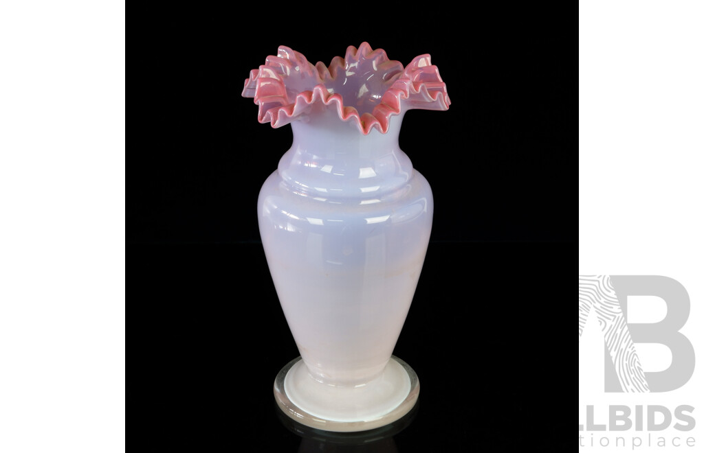 Vintage Pink Glass Vase with Ruffled Rim