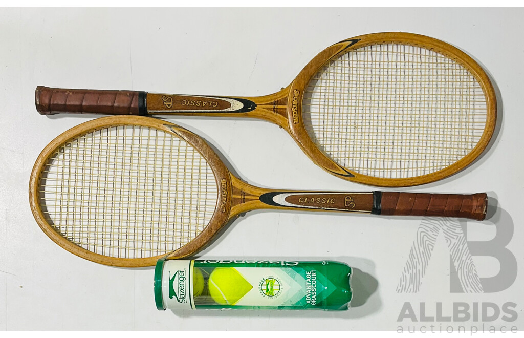 Pair of Vintage Sportscene Classic Tennis Racquet and Set of 4 Slazenger Advantage Grass Court Tennis Balls