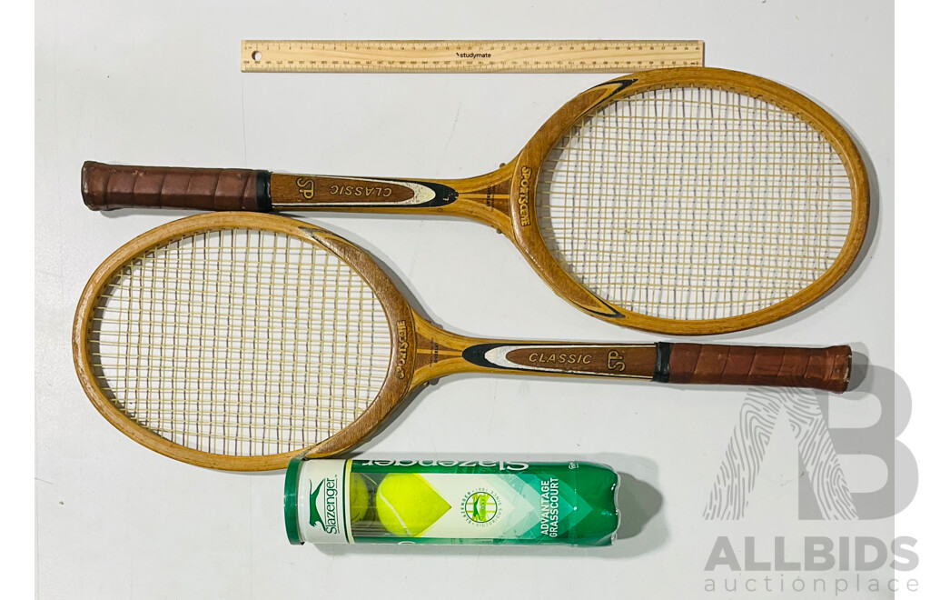 Pair of Vintage Sportscene Classic Tennis Racquet and Set of 4 Slazenger Advantage Grass Court Tennis Balls