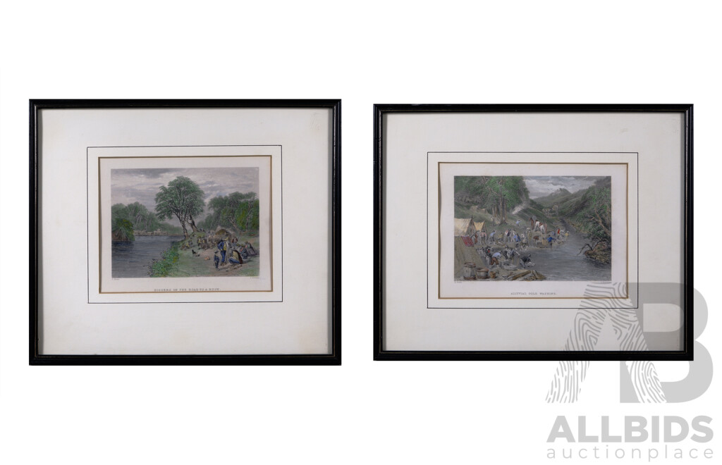 S. Bradshaw and J Godfrey (after J. Skinner Prout, British, 1805-1876), Alluvial Gold Washing and Diggers on the Road to a Rush, Pair of Original Hand Coloured Engravings, 37.5 x 31.5 cm (larger frame) (2)