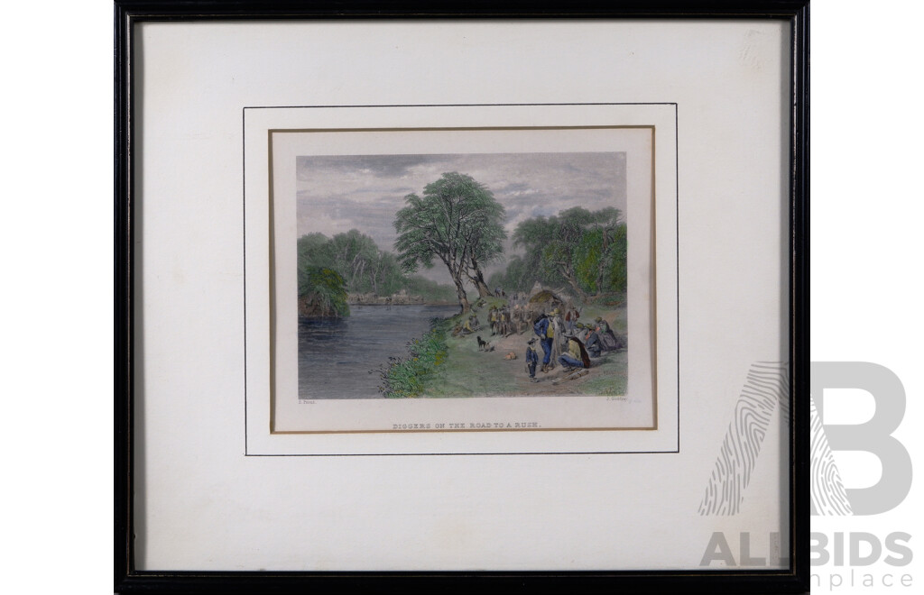 S. Bradshaw and J Godfrey (after J. Skinner Prout, British, 1805-1876), Alluvial Gold Washing and Diggers on the Road to a Rush, Pair of Original Hand Coloured Engravings, 37.5 x 31.5 cm (larger frame) (2)