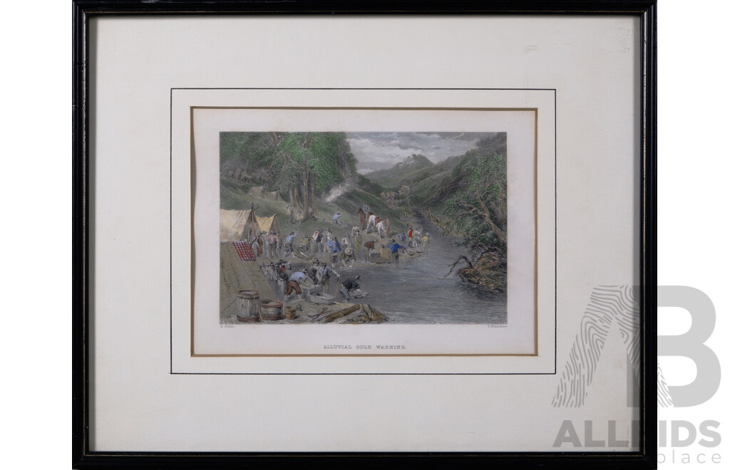 S. Bradshaw and J Godfrey (after J. Skinner Prout, British, 1805-1876), Alluvial Gold Washing and Diggers on the Road to a Rush, Pair of Original Hand Coloured Engravings, 37.5 x 31.5 cm (larger frame) (2)