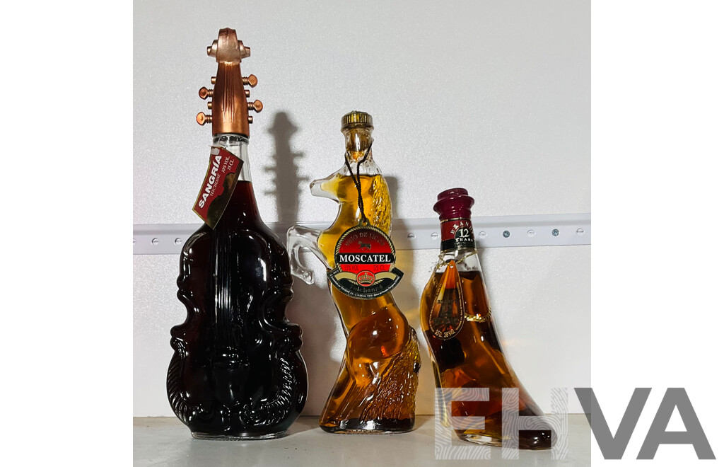 Collection of Three Interesting Shaped Bottles From Teichenne, Including Sangria, Moscatel and Brandy