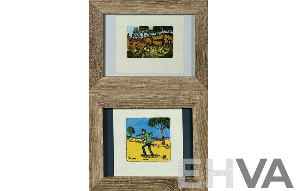 (Possibly) Attributed to Pro Hart (20th Century, Australian, 1928-2006), Abandoned Mine and The Trapper, Pair of Hand Coloured Line Etchings, 10 x 14 & 12 x 12 cms (images) (2)