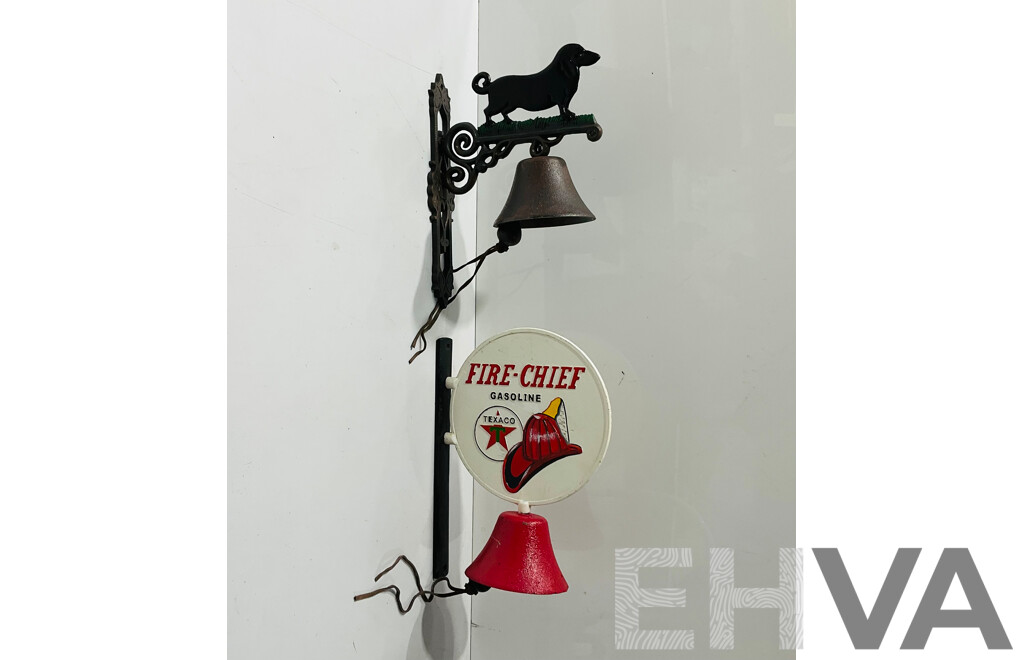 Pair of Cast Iron Reproduction Wall Mounted Bells Including Fire-chilli Gasoline Bell and Dog Themed Bell